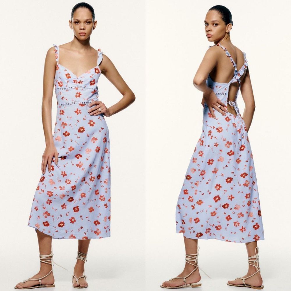ZARA Floral Open Back Linen Blend Midi Dress Sz Small